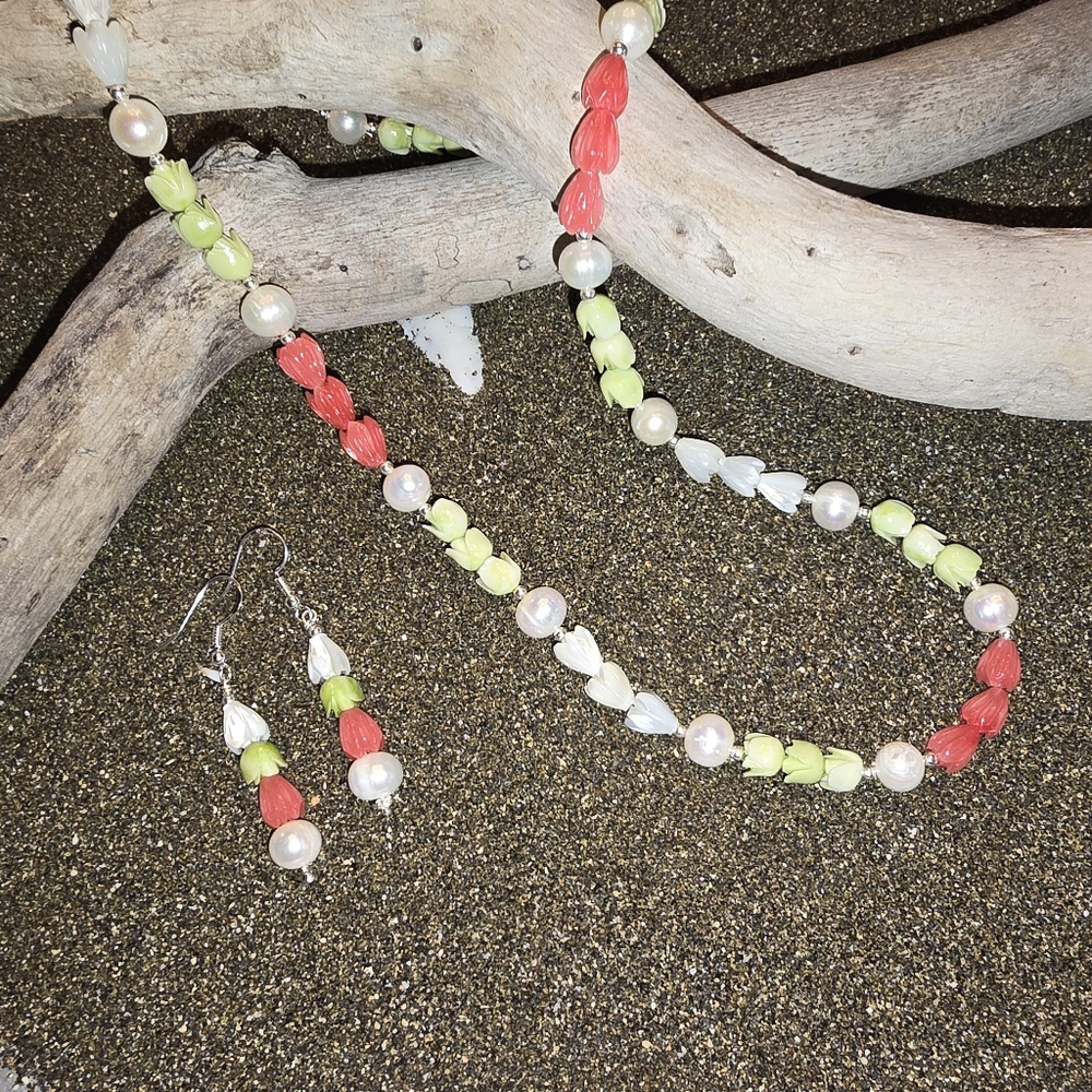 SS 925 HAWAIIAN ISLAND STYLE PIKAKE PAKALANA & PEARL NECKLACE & EARRINGS SET